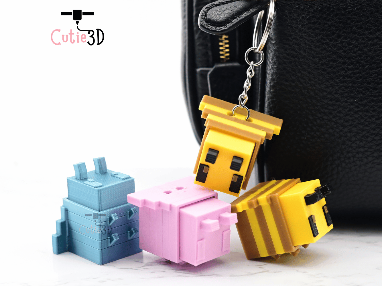 Digital Downloads - Cutie3D Blocky Bee Keycap Fidget Clicker Keychain - Cute Backpack Keychain