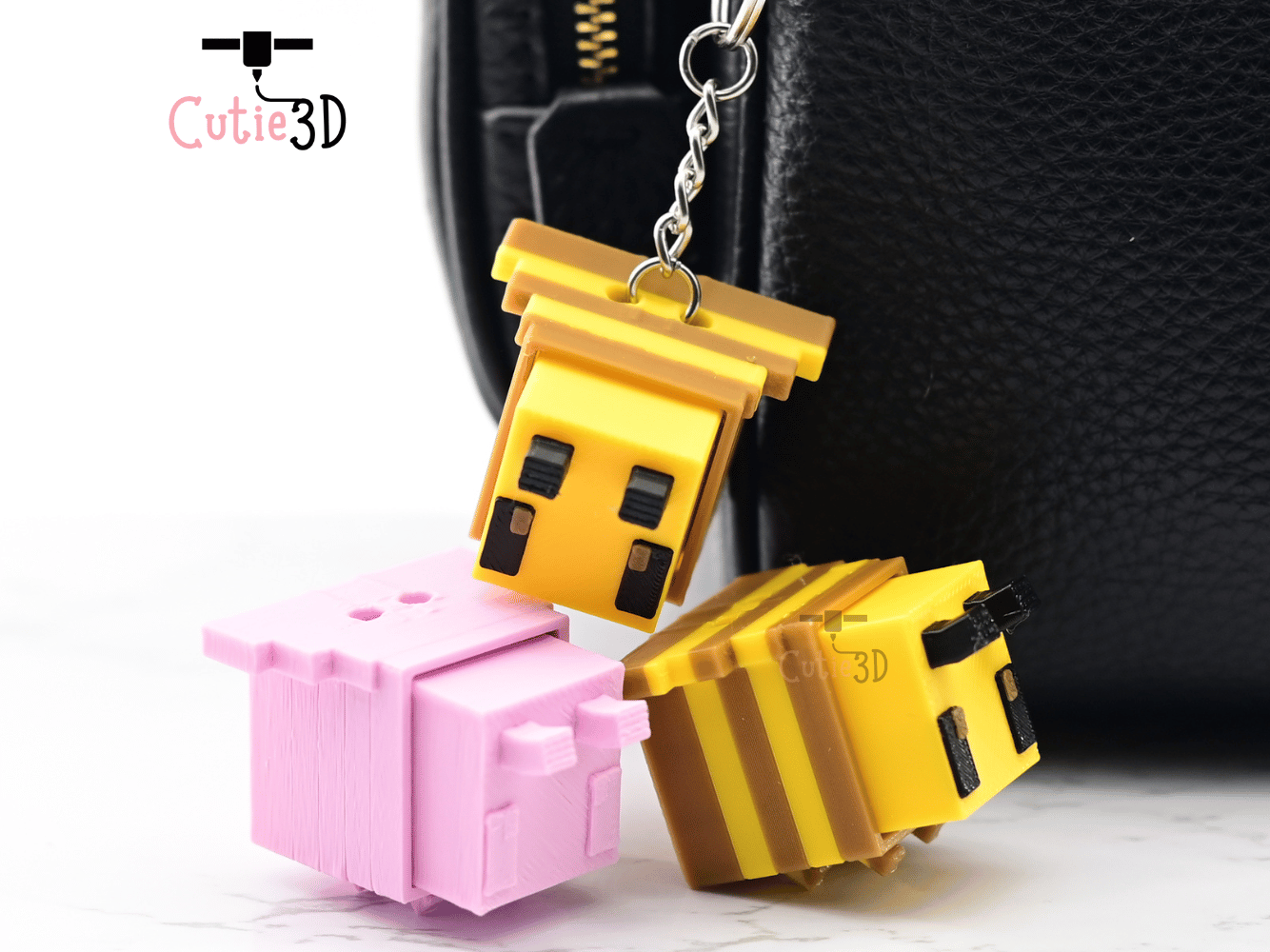 Digital Downloads - Cutie3D Blocky Bee Keycap Fidget Clicker Keychain - Cute Backpack Keychain