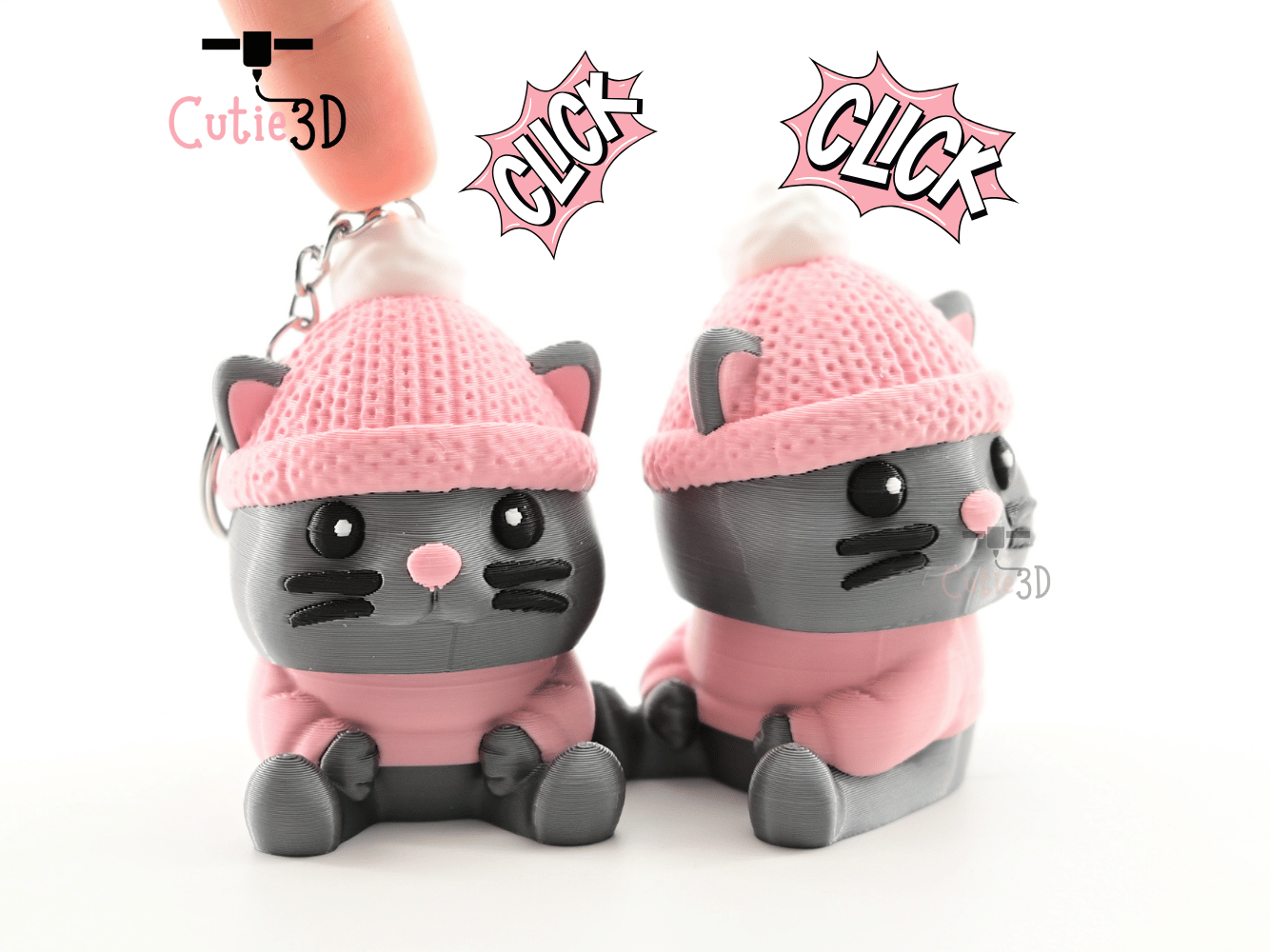 Digital Downloads - Cutie3D Cozy Cat In Crochet Hat Keycap Fidget Clicker Keychain - Cute Backpack Keychain