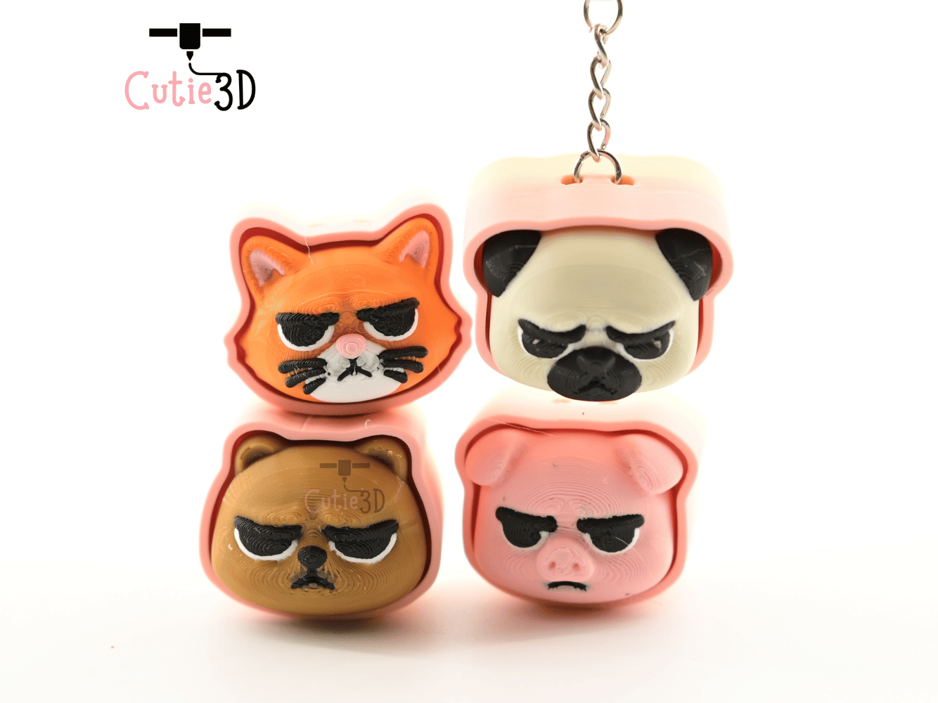 Digital Downloads - Cutie3D Set Of Grumpy Animal Faces Keycap Fidget Clicker Keychain - Cute Backpack Keychain